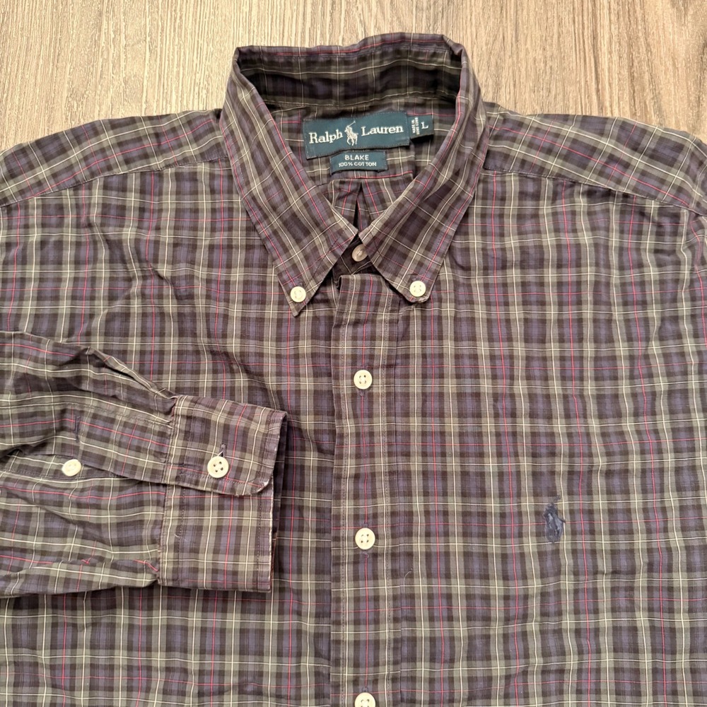 Ralph Lauren Blake Button purple Down Plaid Long Sleeve Shirt Men L 100% Cotton